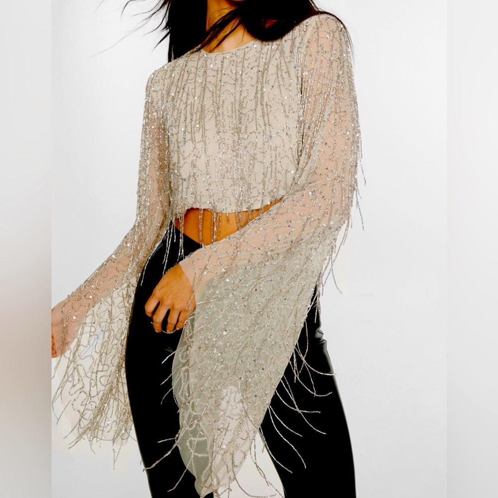 Nasty Gal Flare Sleeve Tassel Sequin Crop Top - Size 8 NWT